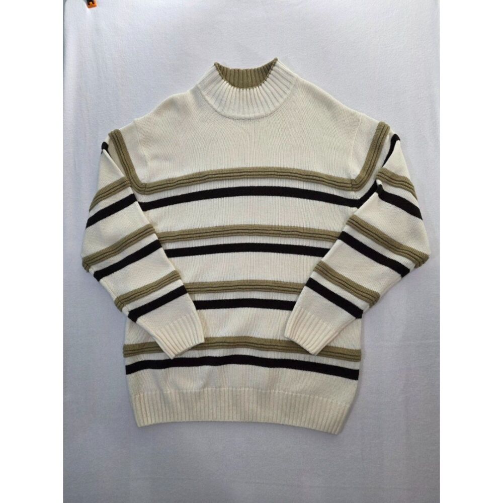Vintage 90s 212 NYC Striped Mock Neck Sweater Mens XL Heavy Knit Cream Brown Y2K
